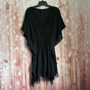 Cover 2 Cover Black V Neck Drawstring Waist Fringe Hem Swim Coverup Size M